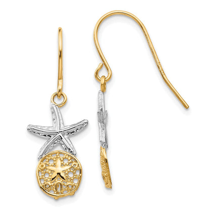 14K Gelb & Rhodium Seestern mit Sand Dollar Hirte Haken Ohrringe