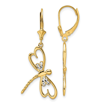 14K Gelb & Rhodium Weiß Diamantiert Libelle Ohrhänger mit Brisur