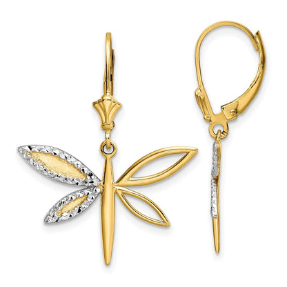 14K Gelb & Rhodium Weiß Diamantiert Libelle Ohrhänger mit Brisur