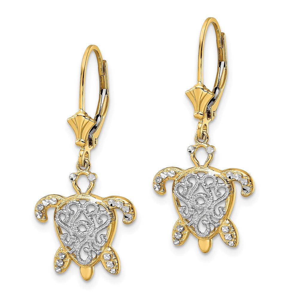 14K Gelb & Rhodium Weiß Diamantiert Filigran Schildkröte Ohrhänger mit Brisur