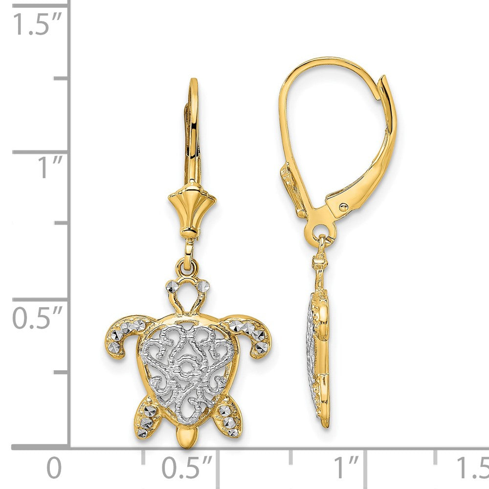 14K Gelb & Rhodium Weiß Diamantiert Filigran Schildkröte Ohrhänger mit Brisur