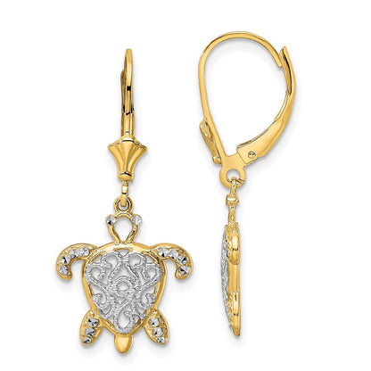 14K Gelb & Rhodium Weiß Diamantiert Filigran Schildkröte Ohrhänger mit Brisur