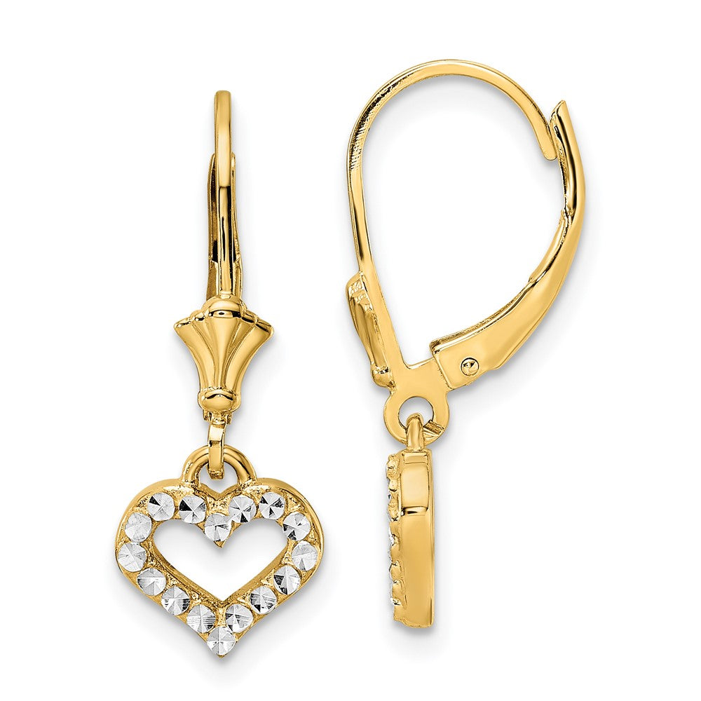 14K Gelb & Rhodium Weiß Diamantiert Herz Ohrhänger mit Brisur
