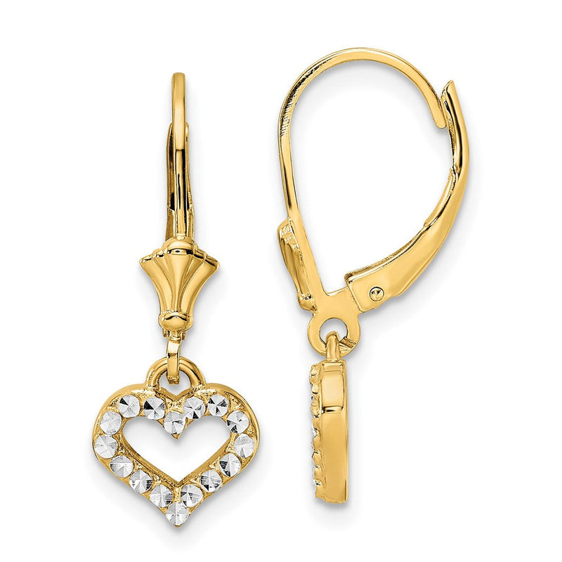 14K Gelb & Rhodium Weiß Diamantiert Herz Ohrhänger mit Brisur