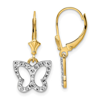 14K Gelb & Rhodium Weiß Diamantiert Schmetterling Ohrhänger mit Brisur