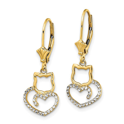 14K Gelb & Rhodium Weiß Diamantiert Katze Herz Ohrhänger mit Brisur