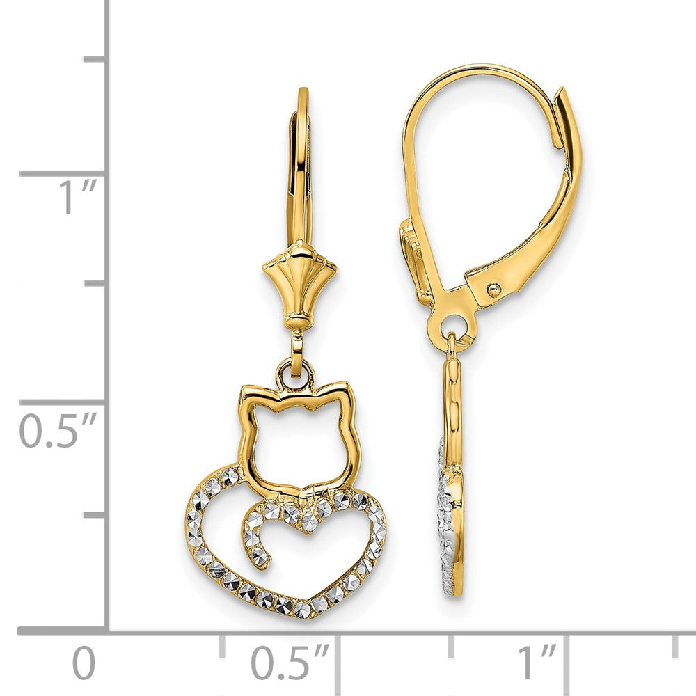 14K Gelb & Rhodium Weiß Diamantiert Katze Herz Ohrhänger mit Brisur