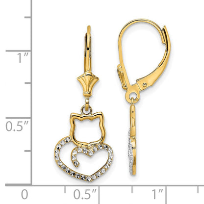 14K Gelb & Rhodium Weiß Diamantiert Katze Herz Ohrhänger mit Brisur