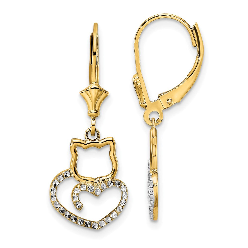 14K Gelb & Rhodium Weiß Diamantiert Katze Herz Ohrhänger mit Brisur