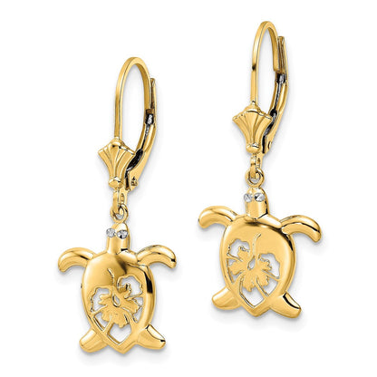 14K Gelb & Rhodium Weiß Diamantiert Blumen Schildkröte Ohrhänger mit Brisur