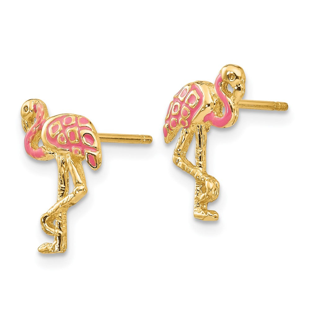 14K Gelbgold Rosa Emailliert Flamingo Ohrstecker