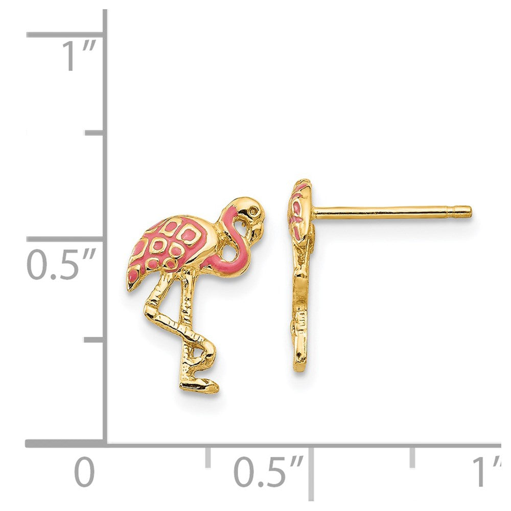 14K Gelbgold Rosa Emailliert Flamingo Ohrstecker
