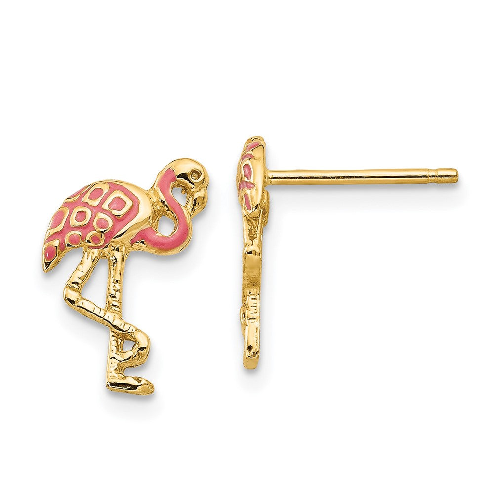 14K Gelbgold Rosa Emailliert Flamingo Ohrstecker