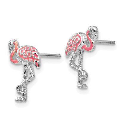 14K Weißgold Rosa Emailliert Flamingo Ohrstecker
