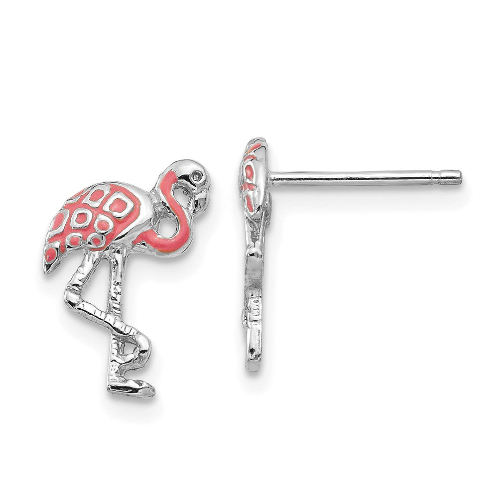 14K Weißgold Rosa Emailliert Flamingo Ohrstecker