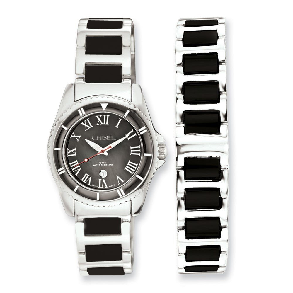 Keramik Damen Chisel & Edelstahl Schwarz Zifferblatt Uhr 7.5 Zoll Armband S