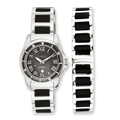 Keramik Damen Chisel & Edelstahl Schwarz Zifferblatt Uhr 7.5 Zoll Armband S