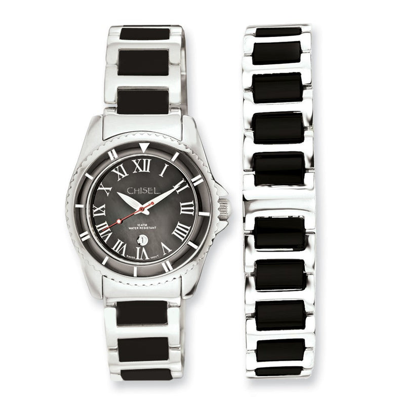 Keramik Damen Chisel & Edelstahl Schwarz Zifferblatt Uhr 7.5 Zoll Armband S