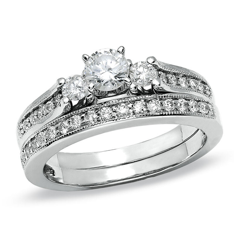 0,75 ct. Diamant-Verlobungsring-Set „Dreistein" aus 14K Weißgold