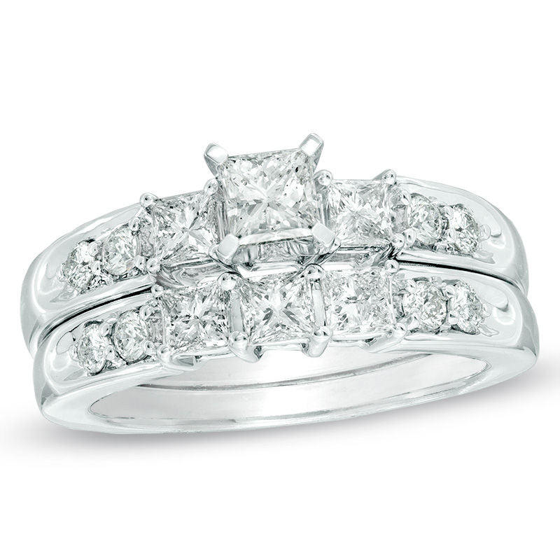 1,50 ct. Diamant-Verlobungsring-Set im Princess-Schliff mit Dreistein aus 14K Weißgold