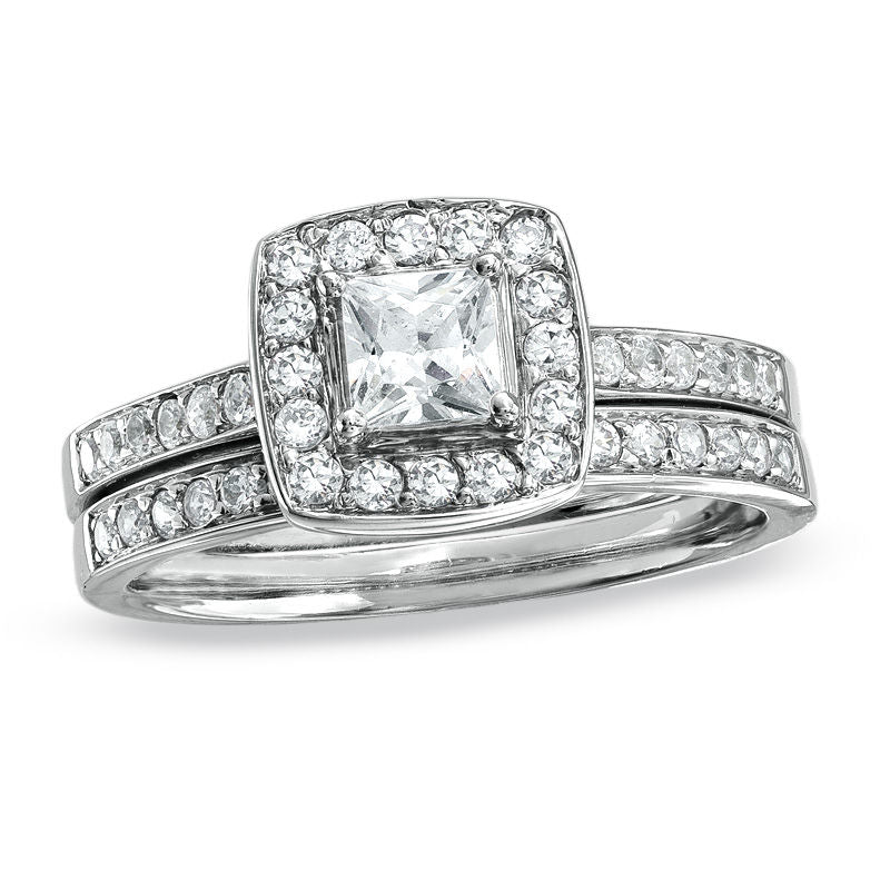 0,75 ct. Diamant-Halo-Verlobungsring-Set mit Princess-Schliff, 14K Weißgold