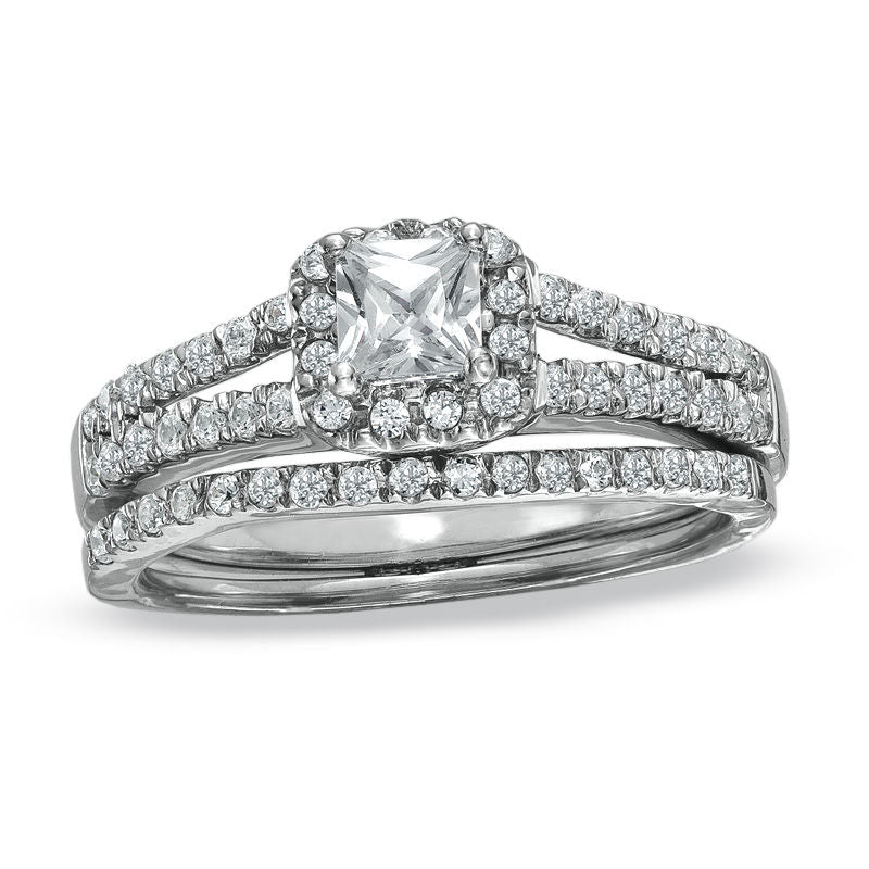 Verlobungsring-Set mit Halo-Diamanten im Princess-Schliff, 0,5 ct., aus 14K Weißgold