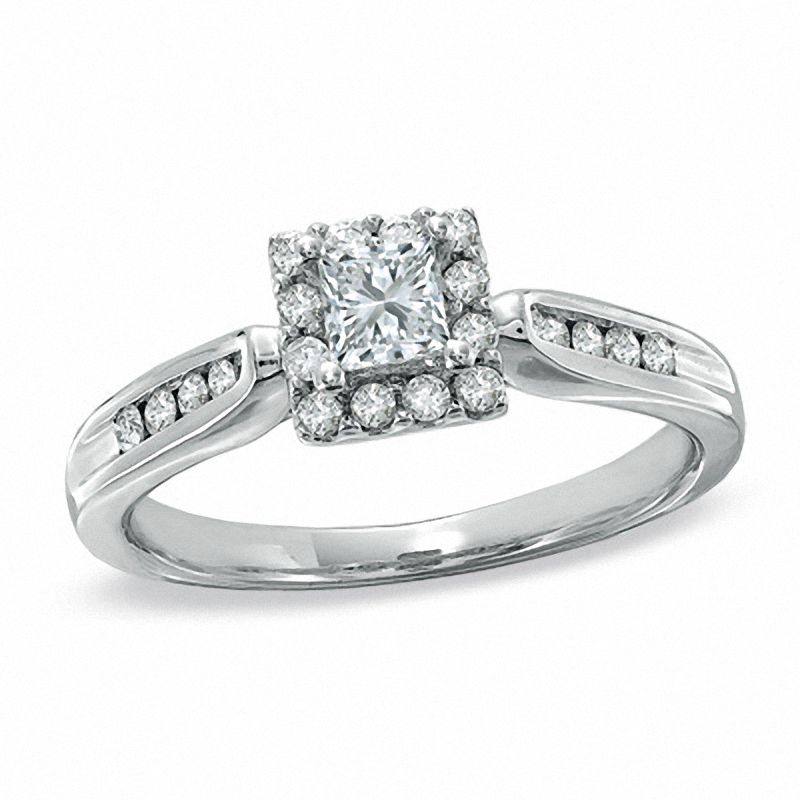 0,5 ct. Gesamtgewicht Verlobungsring mit Diamanten im Princess-Schliff und Halo aus 14K Weißgold
