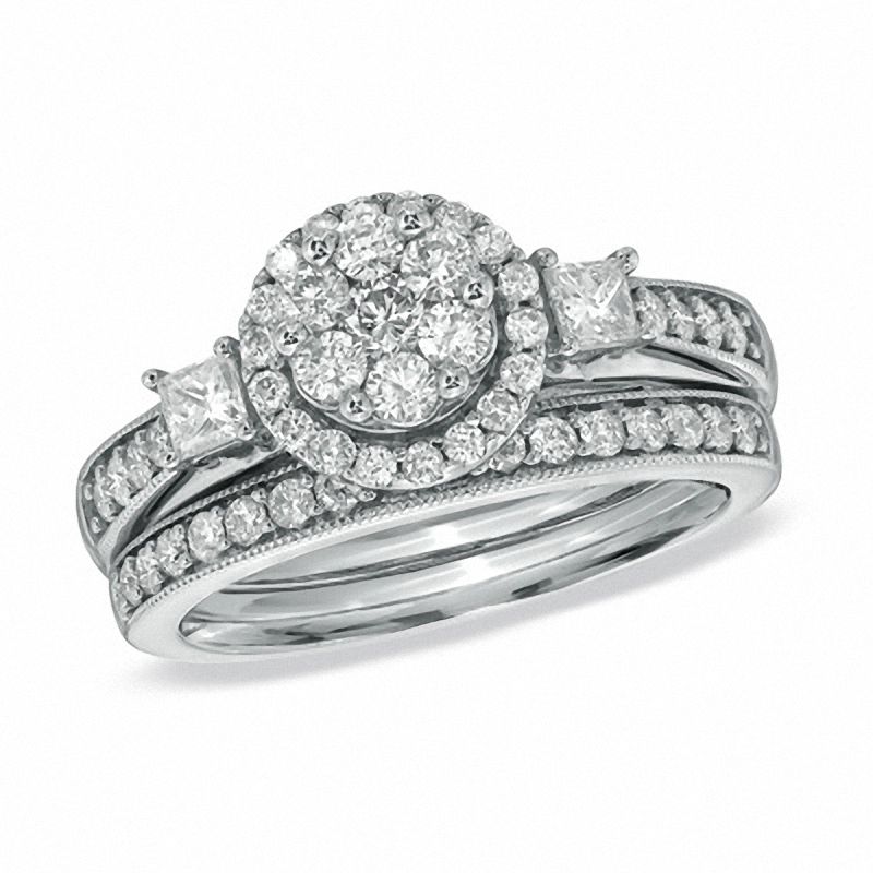 Braut-Set mit Blumendesign, 1 ct. Gesamtgewicht, rund- und princessgeschliffene Diamanten, 14K Weißgold