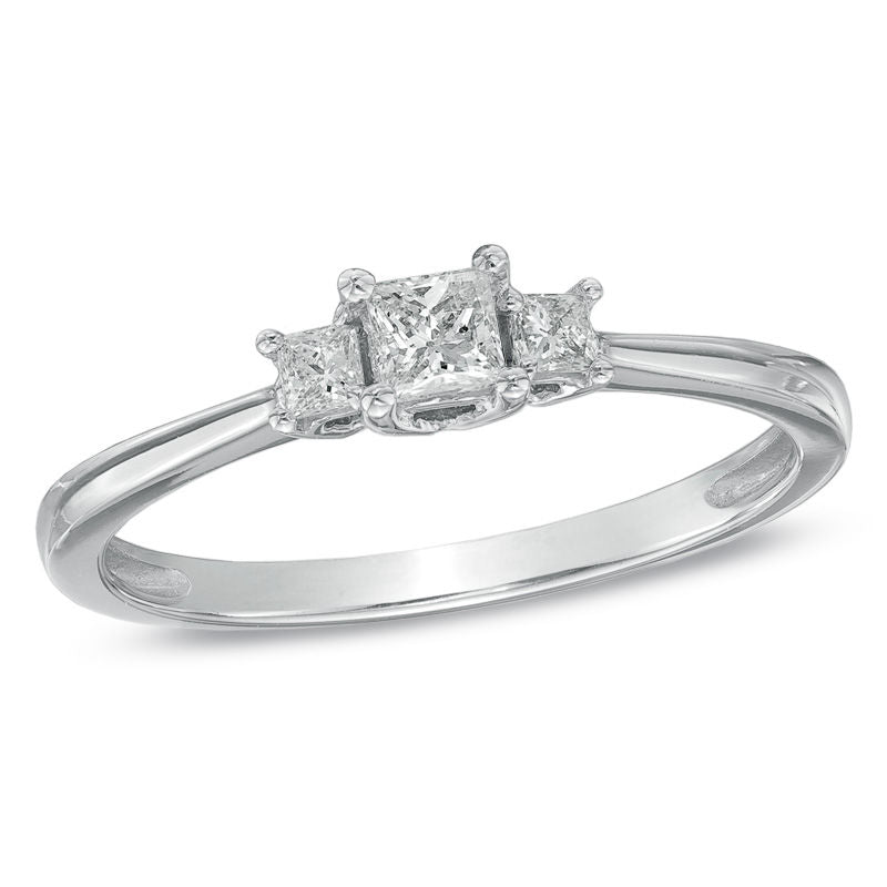0,25 ct. Diamant-Verlobungsring mit Princess-Schliff und Dreistein aus 14K Weißgold