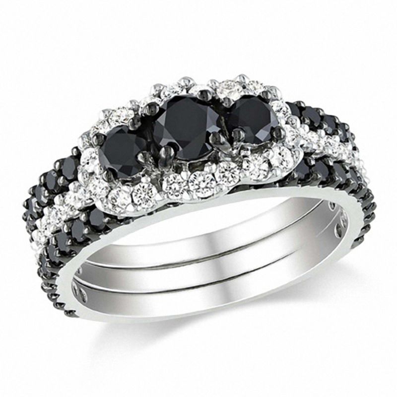 Braut-Set mit 2 ct. Gesamtgewicht behandelten schwarzen und weißen Diamanten in 14K Weißgold