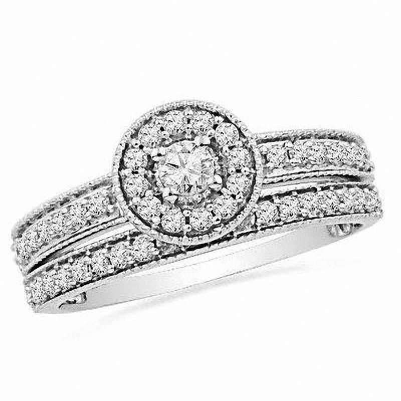 0,5 ct. Diamant-Halo-Verlobungsring-Set aus 14K Weißgold