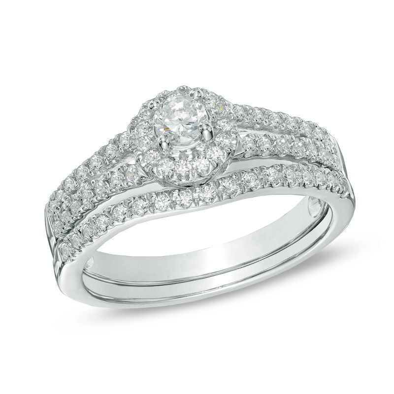 0,5 ct. Diamant-Halo-Verlobungsring-Set in 14K Weißgold