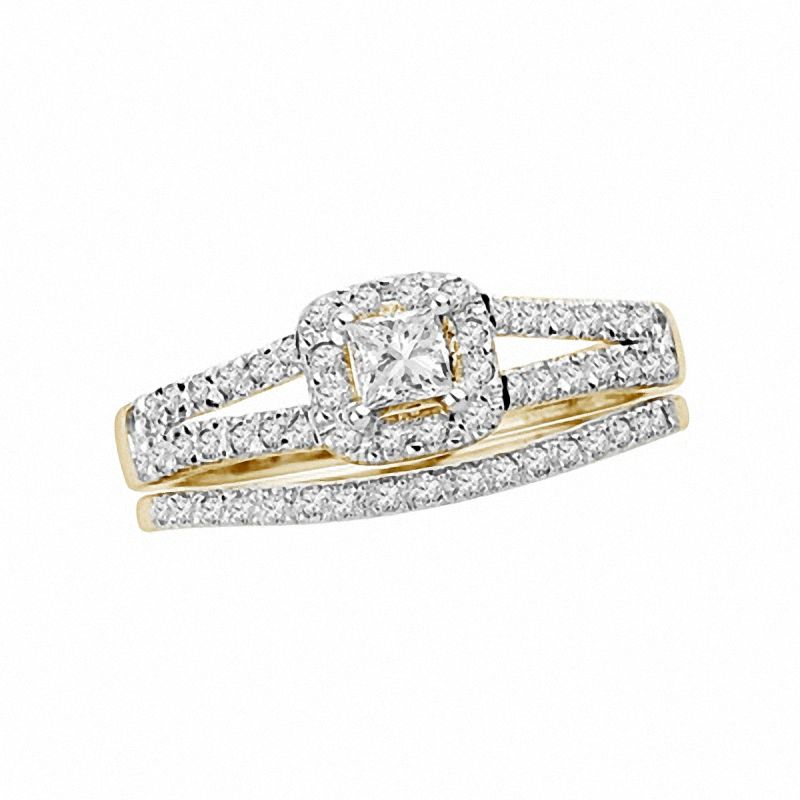 Verlobungsring-Set mit Diamant-Halo im Princess-Schliff, 0,5 ct., aus 14K Weißgold