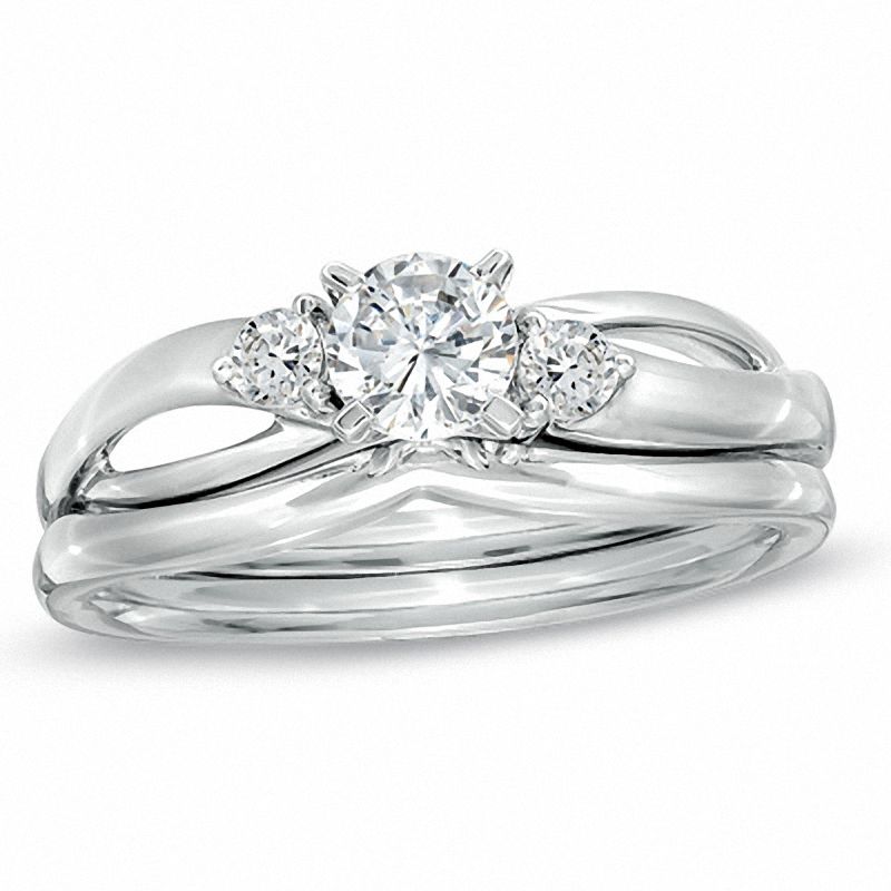 0,5 ct. Diamant Dreistein Verlobungsring-Set mit geteiltem Ring in 14K Weißgold (I/SI2)