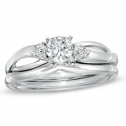 0,5 ct. Diamant Dreistein Verlobungsring-Set mit geteiltem Ring in 14K Weißgold (I/SI2)