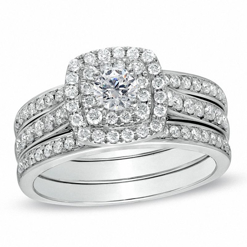 1 ct. Diamant Doppel-Halo Braut-Set in 14K Weißgold