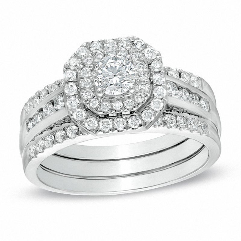 1 ct. Diamant Braut-Set mit doppeltem achteckigem Rahmen in 14K Weißgold