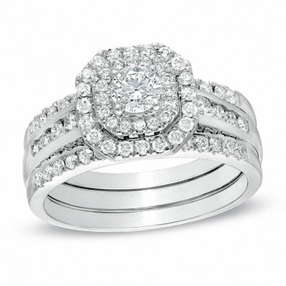 1 ct. Diamant Braut-Set mit doppeltem achteckigem Rahmen in 14K Weißgold