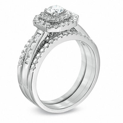 1 ct. Diamant Braut-Set mit doppeltem achteckigem Rahmen in 14K Weißgold