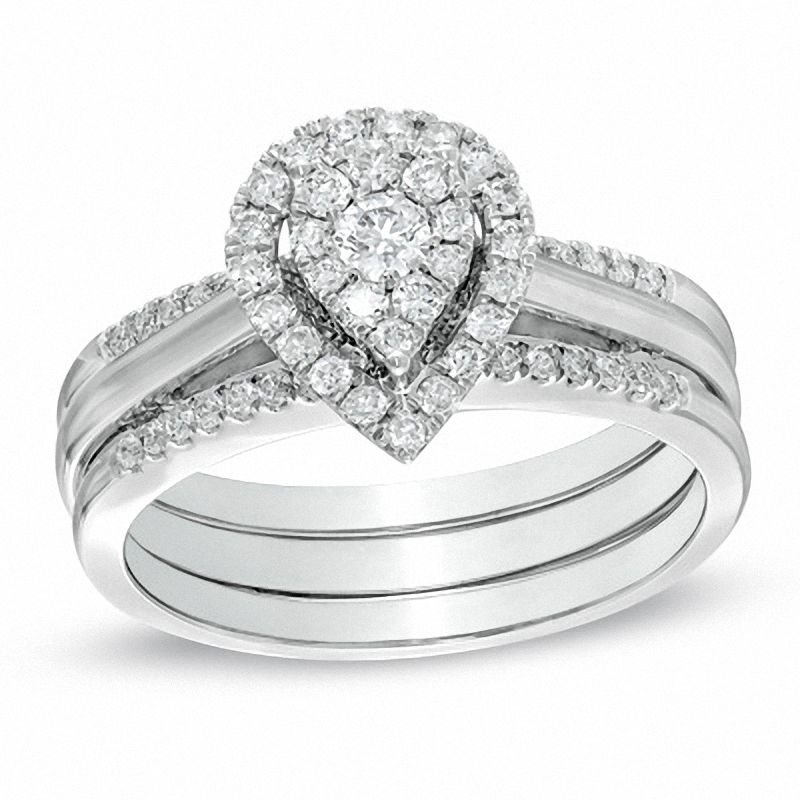 Diamant-Cluster-Braut-Set mit Halo-Fassung in Tropfenform aus 14K Weißgold, 1/2 ct. Gesamtgewicht
