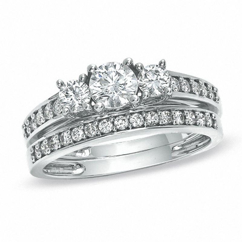 0,875 ct. Diamant Dreistein Verlobungsring-Set aus 14K Weißgold