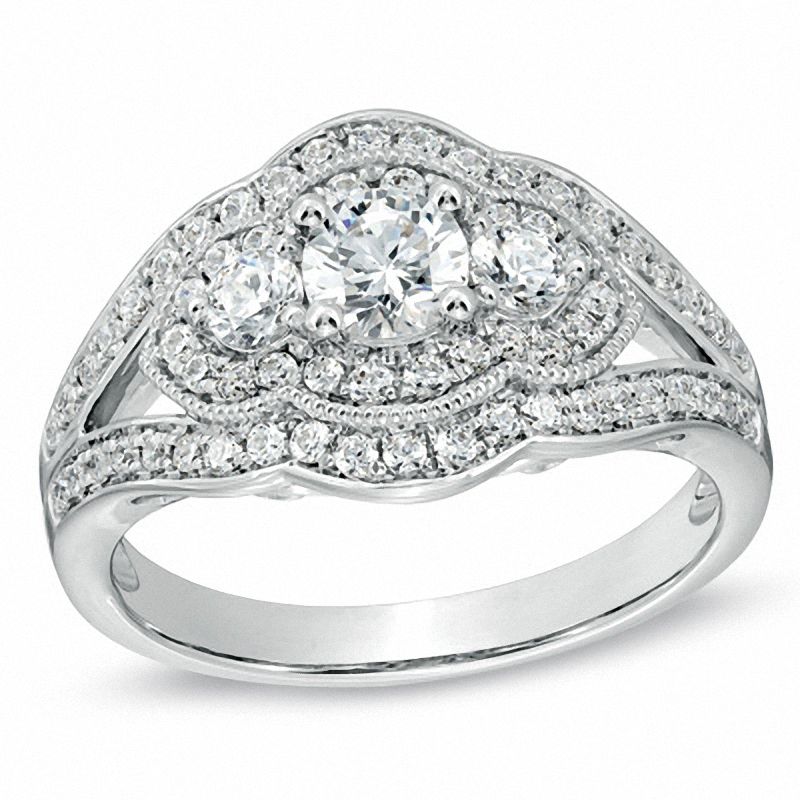 Dreistein-Verlobungsring im Vintage-Stil mit 1 ct. Diamanten in 14K Weißgold
