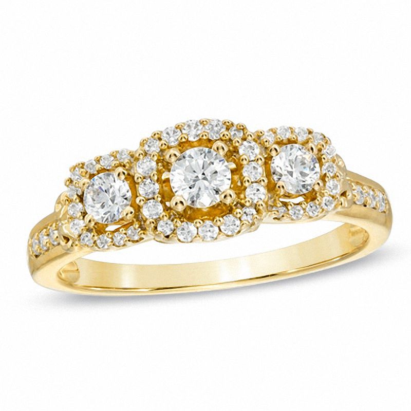 Verlobungsring mit Dreistein-Halo und 0,5 ct. Gesamtgewicht Diamanten in 14K Gold
