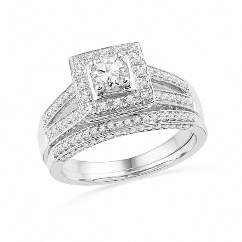Braut-Set mit 1 ct. Gesamtgewicht Diamant, quadratischem Halo und geteiltem Ringschaft, in 14K Weißgold