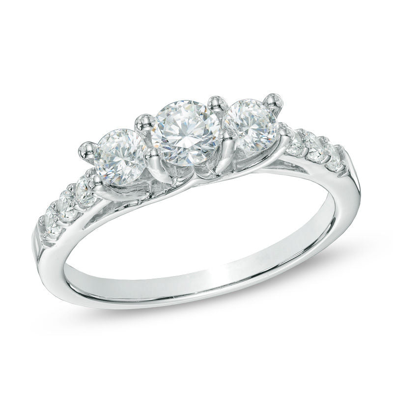 Dreistein-Verlobungsring mit Diamanten 1 ct. Gesamtgewicht in 14K Weißgold