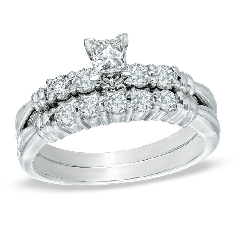 0,75 ct. Diamant-Verlobungsring-Set mit Princess-Schliff in 14K Weißgold