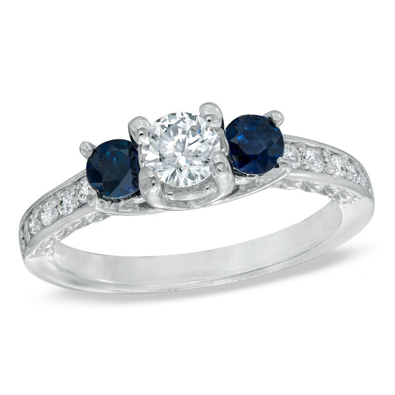 0,5 ct. Dreistein-Verlobungsring mit Diamant und blauem Saphir aus 14K Weißgold