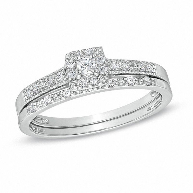 0,25 ct. Diamant-Verlobungsring-Set mit Princess-Schliff und Halo-Fassung aus Sterlingsilber