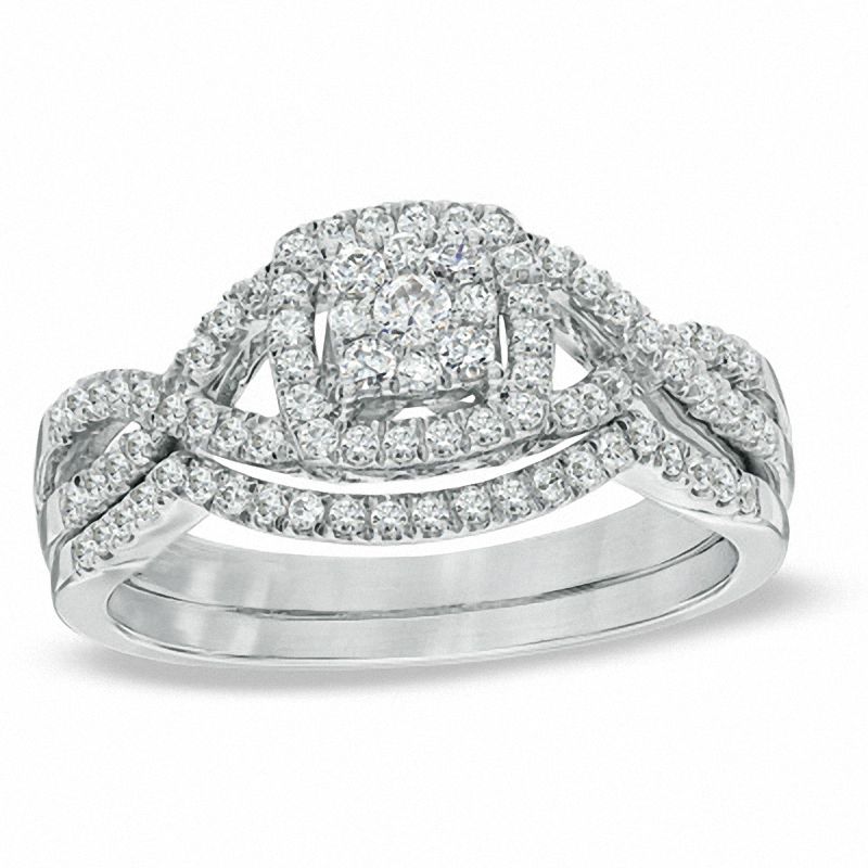 0,5 ct. Diamant-Cluster-Verlobungsring-Set mit gedrehtem Ring in 14K Weißgold