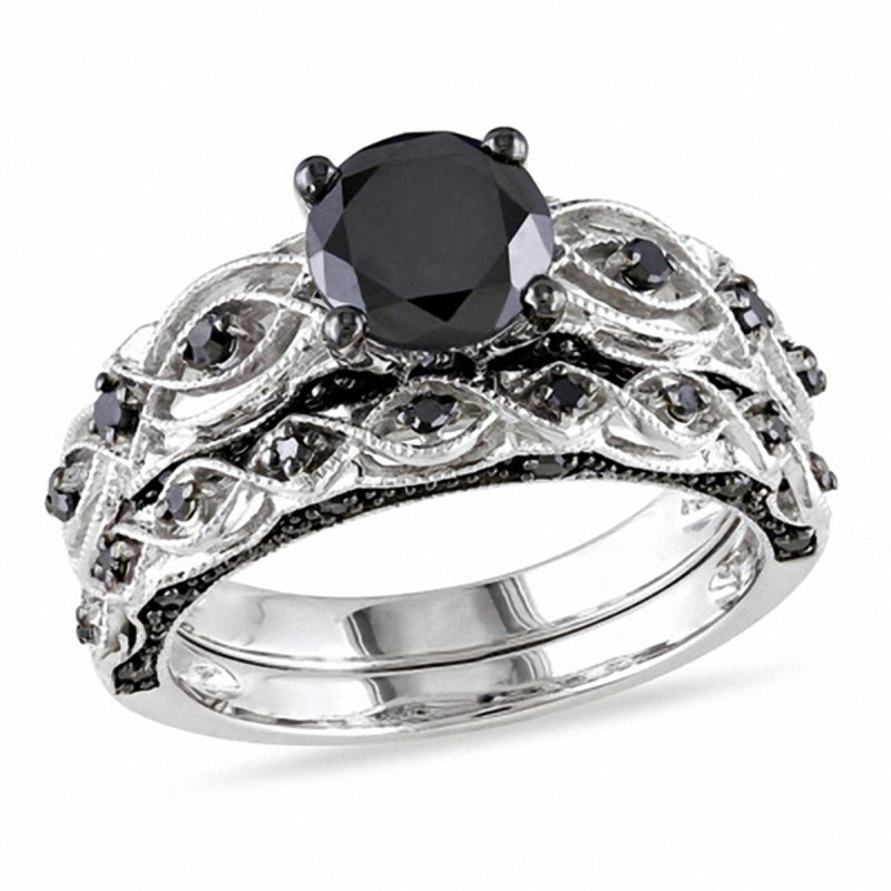 1 0,38 ct. Braut-Set im Vintage-Stil mit behandelten schwarzen Diamanten aus 14K Weißgold